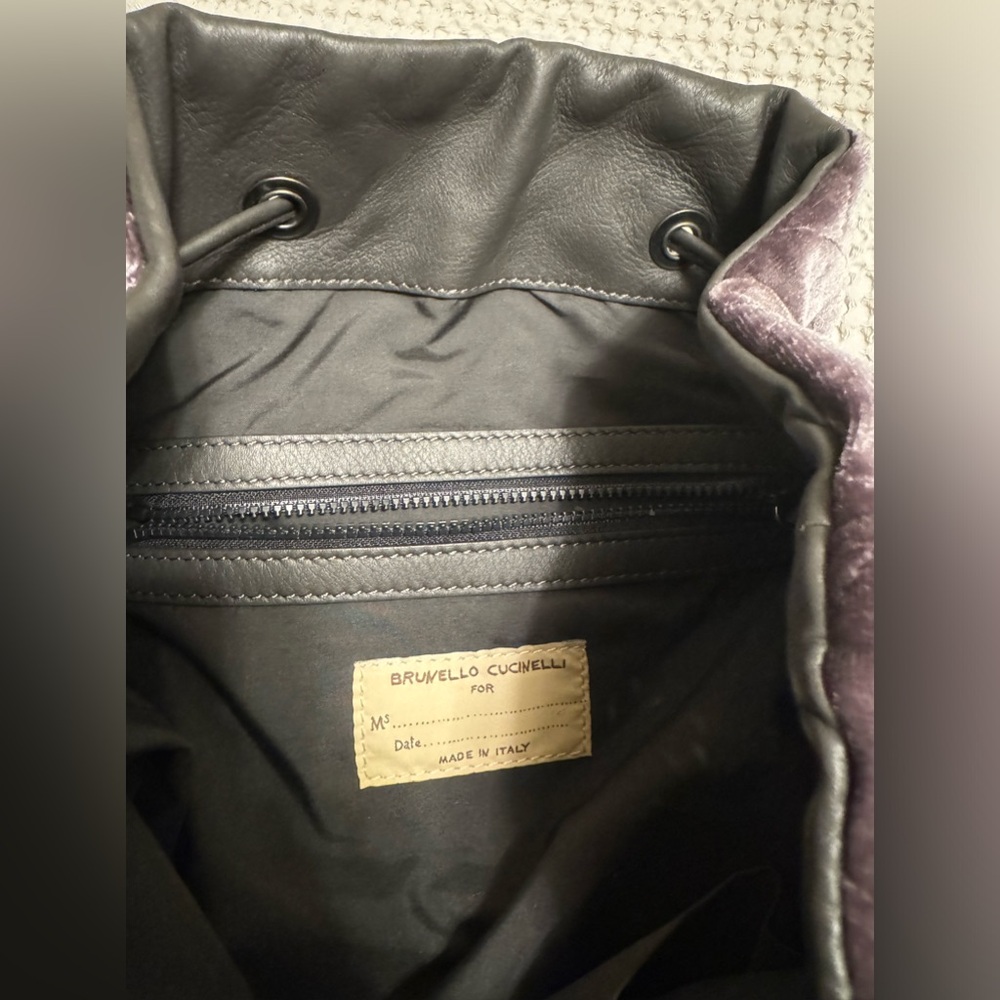 Brunello Cucinelli Purple Velvet Grey Leather Backpack - Picture 7 of 7